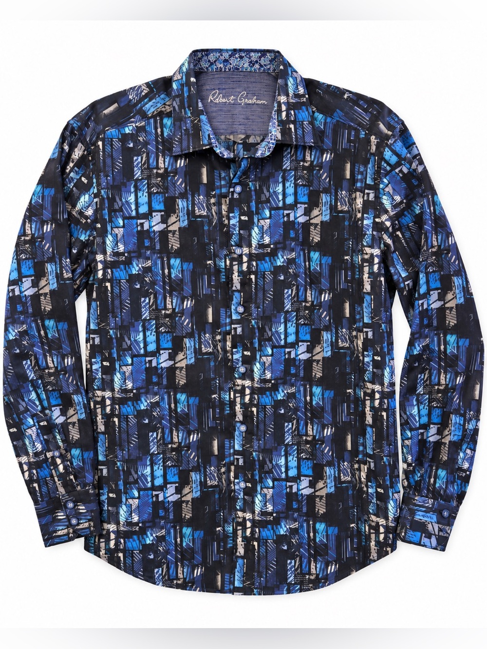 Robert Graham Men’s L Blue Black Abstract Print Long Sleeve Shirt 100% Cotton